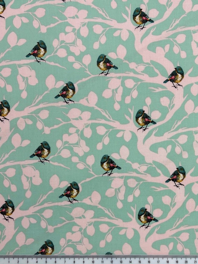 Miniature Birds on Mint Green Printed Cotton