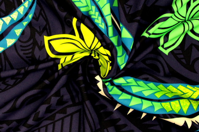 Green, Lime, Blue & White Swirl Island Design on Navy & Black Cotton/Rayon Blend