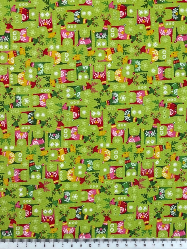 Reindeer on Green Cotton