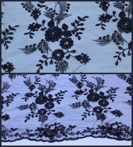 Gorgeous Embroidered Tulle with Scalloped Edge - Dark Navy Ruffle
