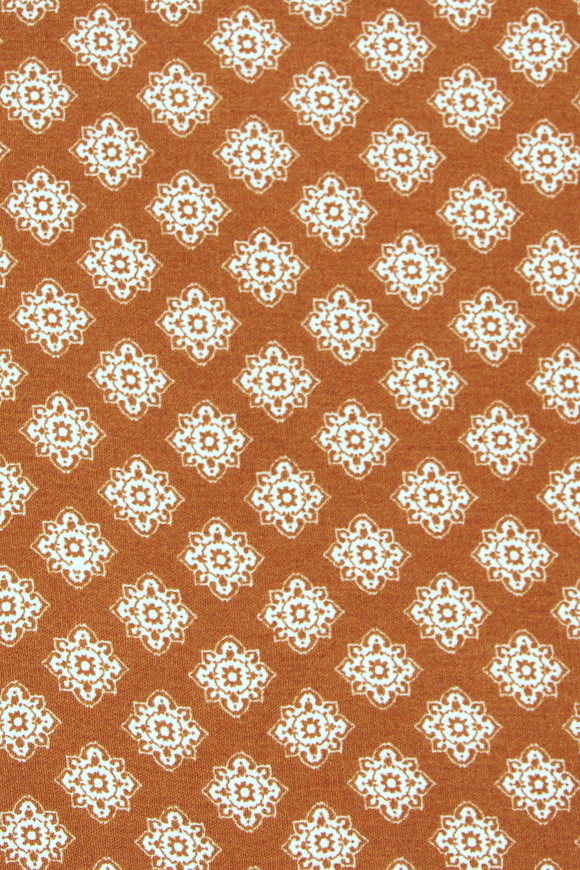 Classic White Floral Design on Gingerbread Printed Rayon with Crepe Finish
