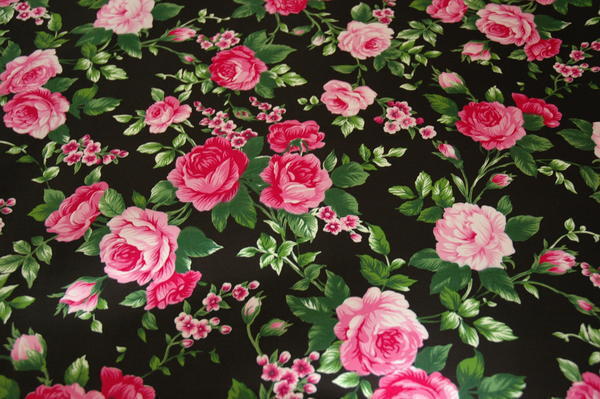 Vintage Inspired Cotton  Pink Rose on Black Cotton