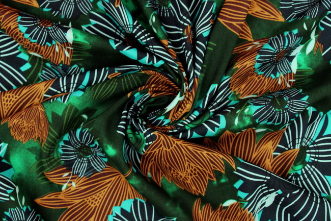 Autumn Toned Floral on Green Printed Rayon