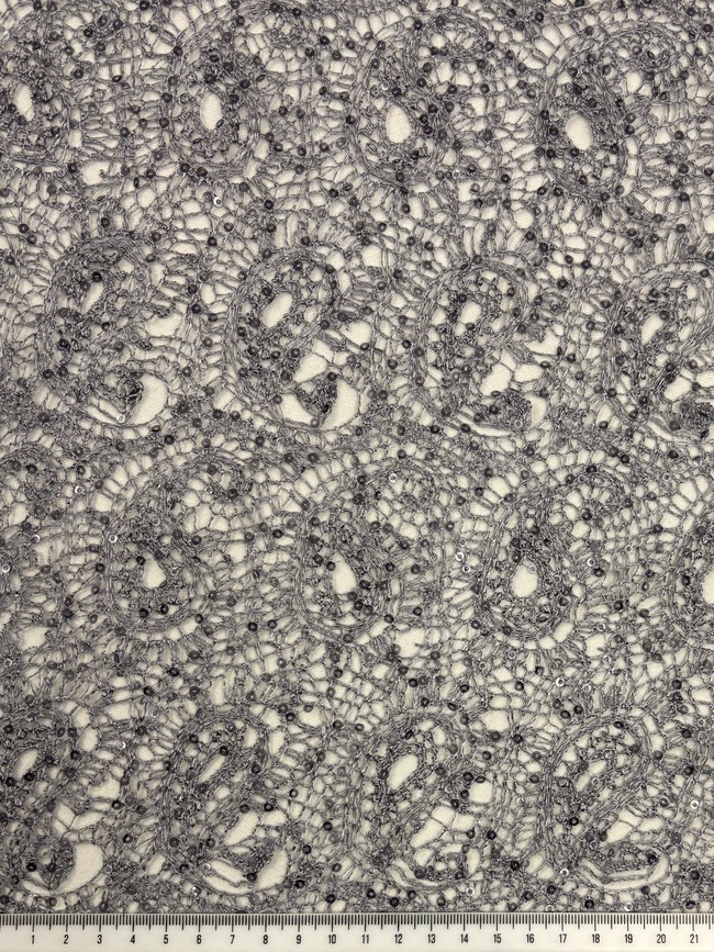 Grey Sequinned Paisley Cobweb Guipure Lace