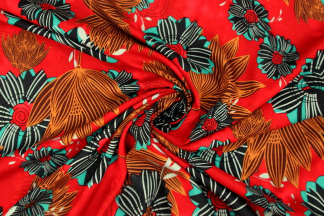 Autumn Toned Floral on Red Printed Rayon