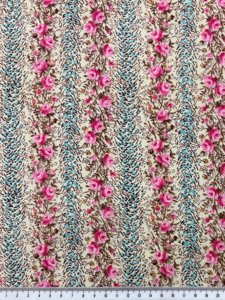Pink Roses with Turquoise on Neutral Rayon