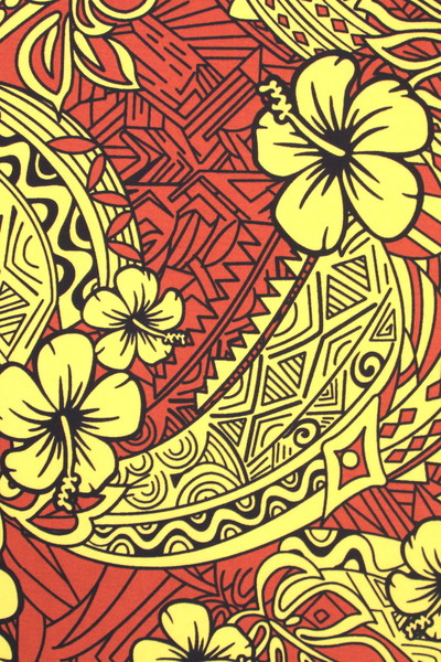 Yellow & Black Hibiscus on Rust Pasifika Printed Cotton