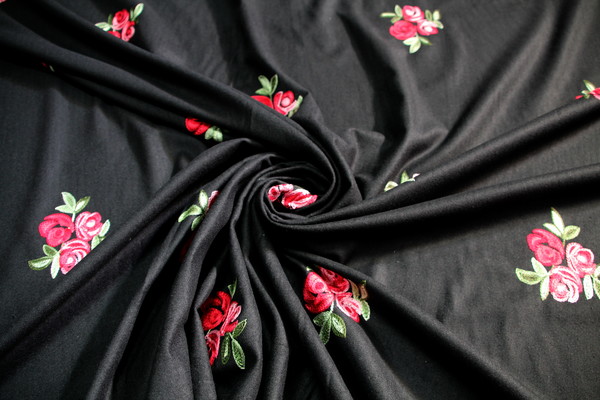 Embroidered Roses on Black Wool Blend
