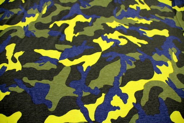Camo Printed T-Shirting; Yellow, Olive, Navy & Khaki