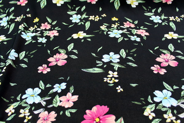 Sweet Summer Flowers on Black Printed Rayon