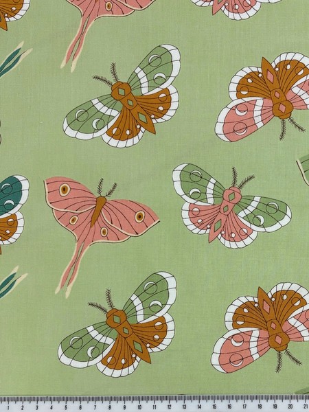 Retro Moths on Soft Green Printed Cotton