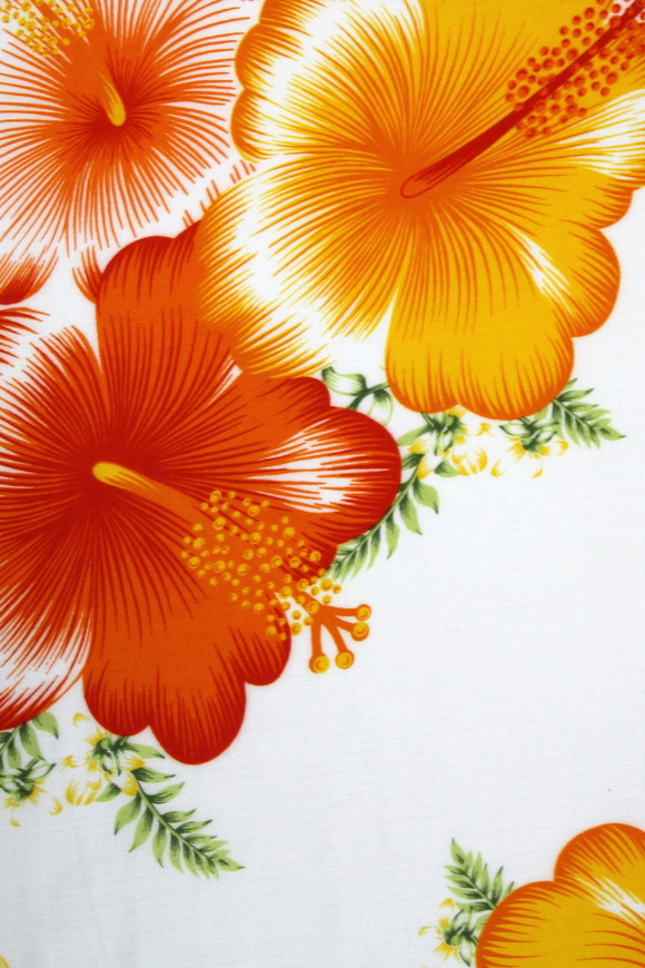 Orange, Red & Yellow Hibiscus on White Hawaiian Printed Rayon