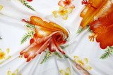 Orange, Red & Yellow Hibiscus on White Hawaiian Printed Rayon