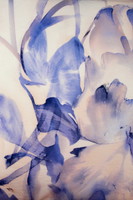 Large Watercolour Floral in Blues on Printed Rayon/Nylon with Sheen Finish