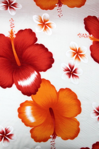 Orange & Red Hibiscus on White Hawaiian Printed Rayon