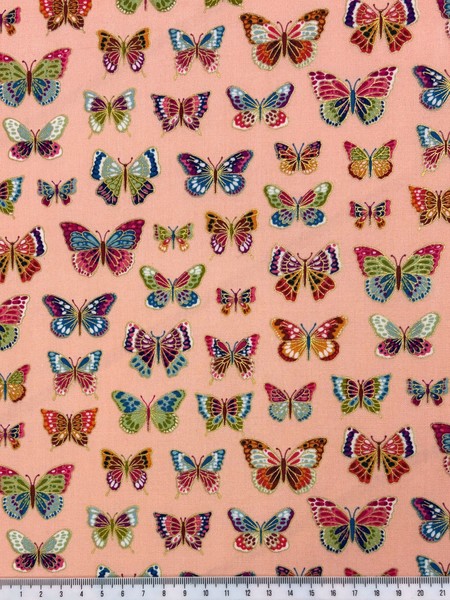 Jewel Toned Foiled Butterflies on Apricot Printed Cotton
