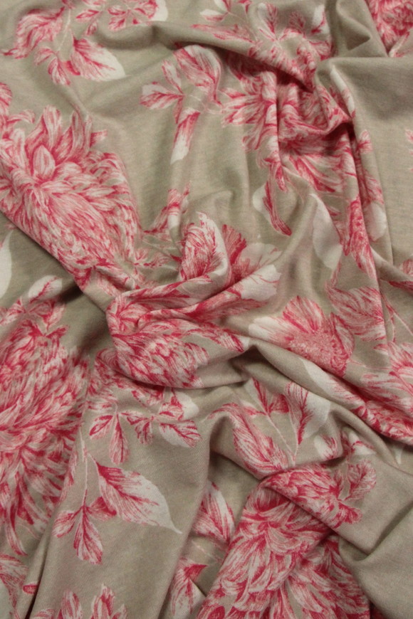 CORAL Pink FLORAL ON Beige SOFT VISCOSE KNIT