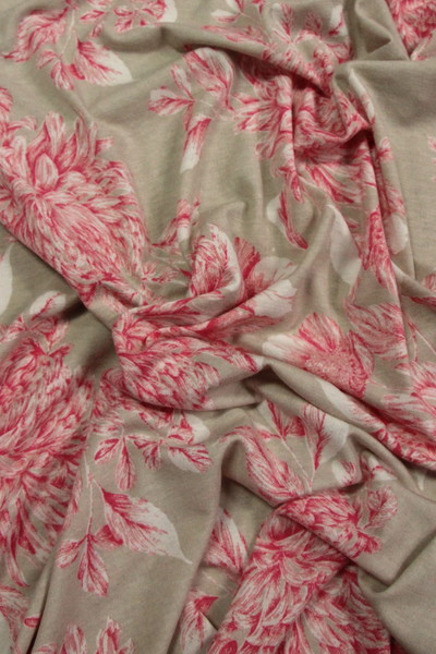 CORAL Pink FLORAL ON Beige SOFT VISCOSE KNIT