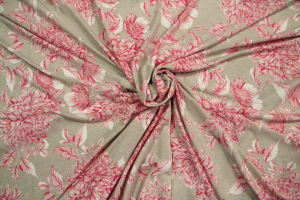 CORAL Pink FLORAL ON Beige SOFT VISCOSE KNIT