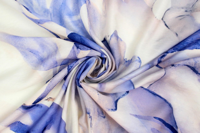 Large Watercolour Floral in Blues on Printed Rayon/Nylon with Sheen Finish