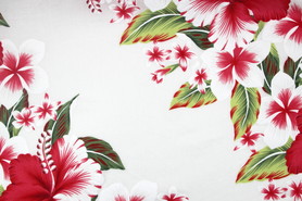 Red Hibiscus & Frangapani on White Hawaiian Printed Rayon