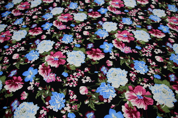 Pinks & Blues Floral on Black Stretch Cotton