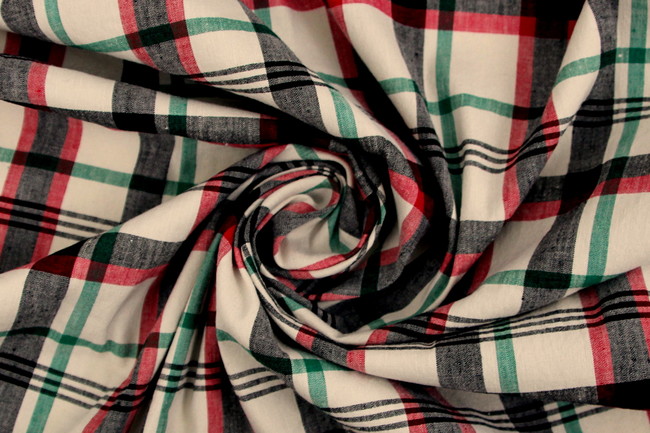 Green, Red & Black Checked Stretch Linen Blend