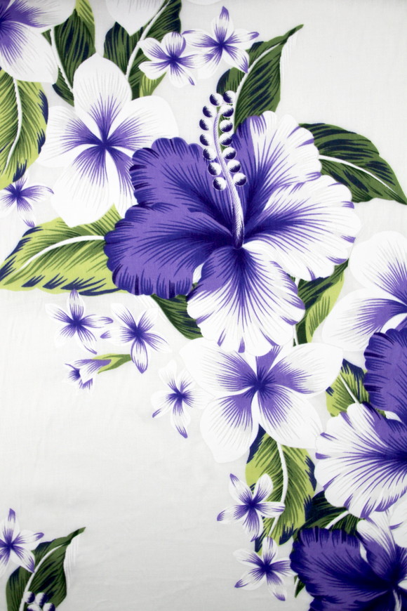 Purple Hibiscus & Frangapani on White Hawaiian Printed Rayon