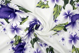 Purple Hibiscus & Frangapani on White Hawaiian Printed Rayon