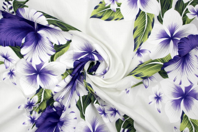 Purple Hibiscus & Frangapani on White Hawaiian Printed Rayon