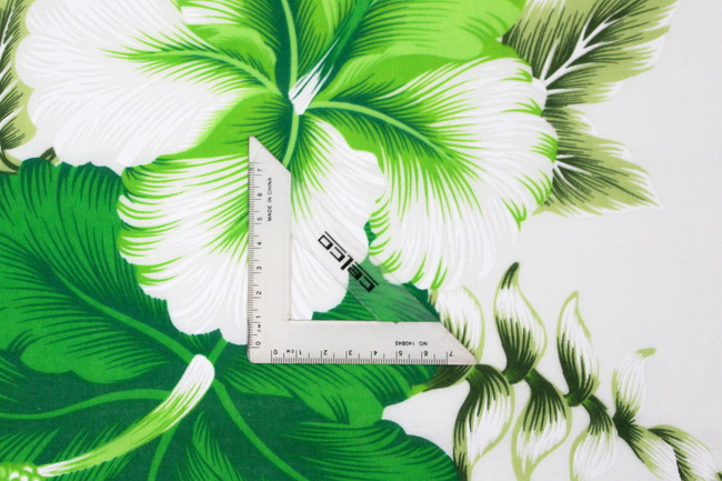 Green Tones Hibiscus on White Hawaiian Printed Rayon