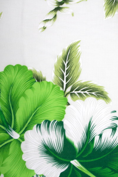 Green Tones Hibiscus on White Hawaiian Printed Rayon