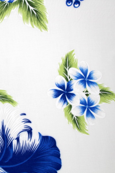 Blue Hibiscus on White Hawaiian Printed Rayon