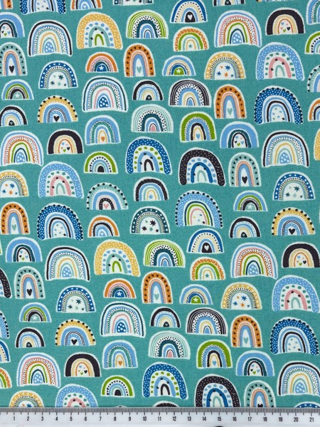 Cute Mini Rainbows on Light Teal Printed Cotton