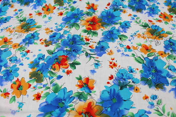 Blurred Blue Flowers on Ivory Printed Rayon