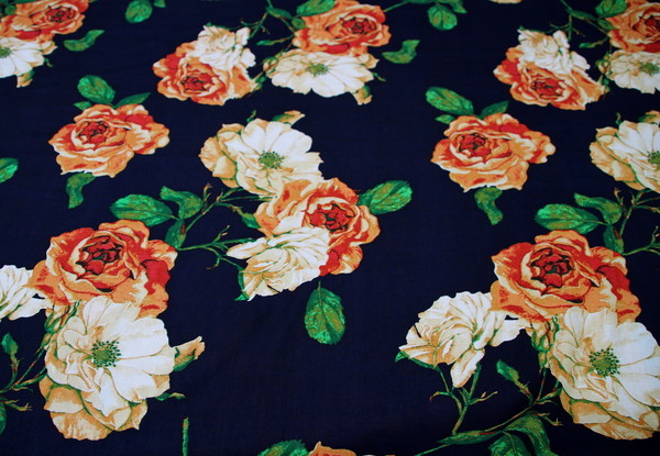Apricot Roses on Navy Rayon