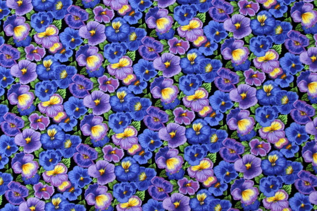 Purple Tone Pansy's on Black Premium Printed Cotton