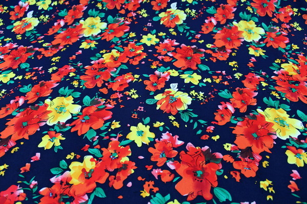 Bright Blurred Flowers on Navy Printed Rayon