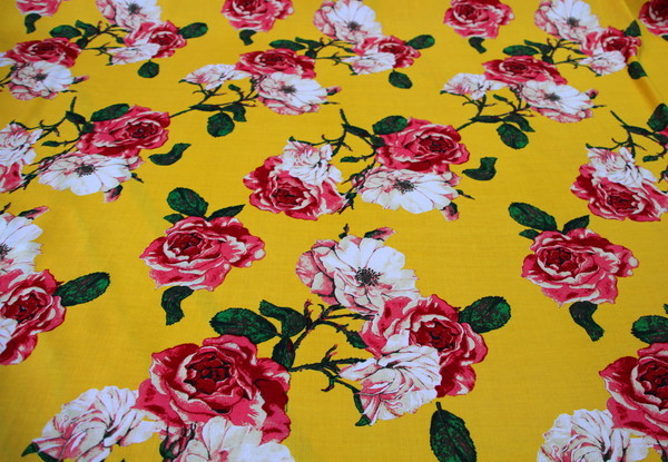 Pink Roses on Mustard Rayon