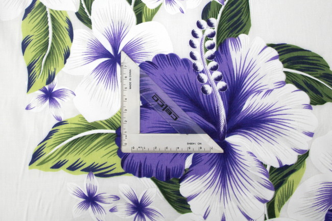 Purple Hibiscus & Frangapani on White Hawaiian Printed Rayon