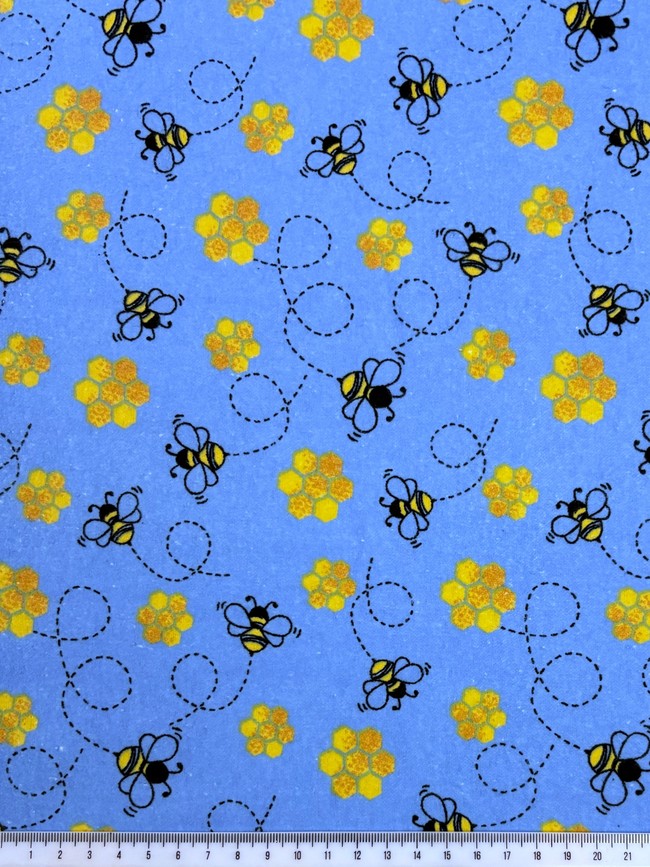 Honey Bees on Blue Winceyette