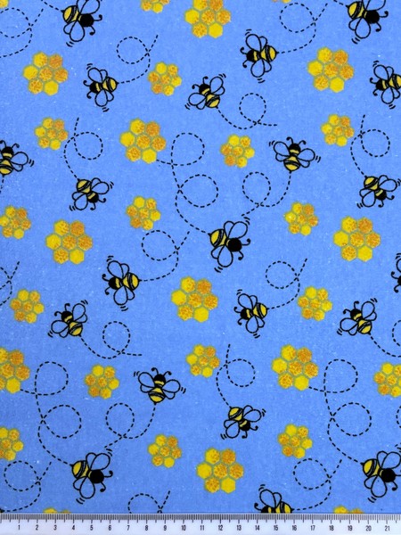 Honey Bees on Blue Winceyette