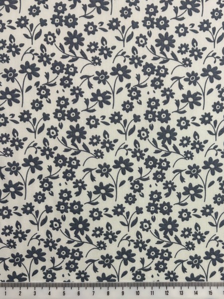 Grey Flowers on White Printed Cotton
