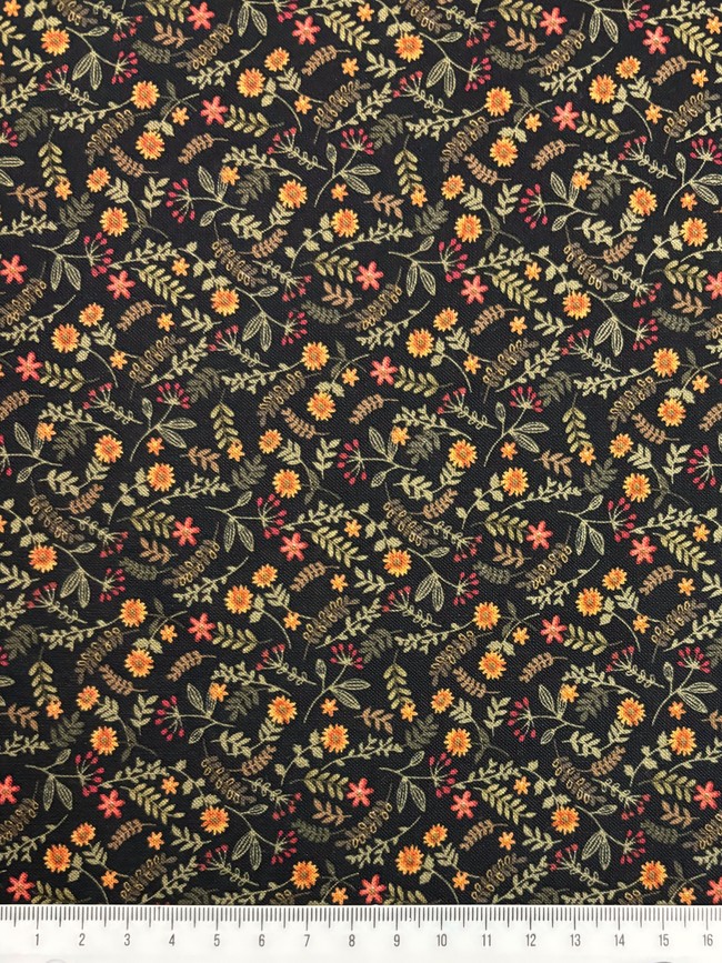Flower & Fern on Black Printed Cotton