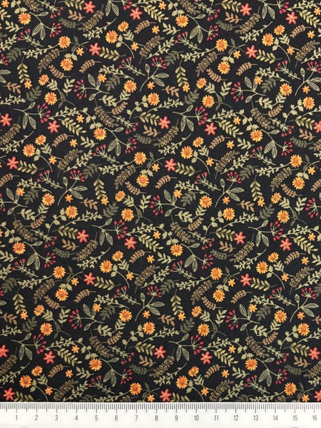 Flower & Fern on Black Printed Cotton
