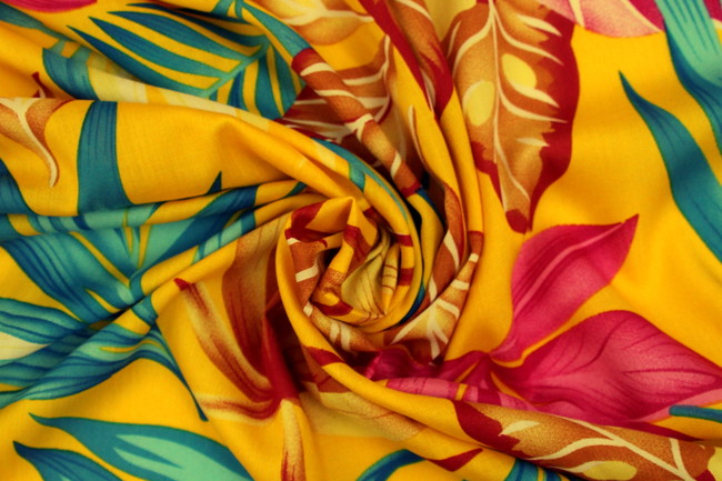 Tropical Foliage on Bright Yellow Printed Rayon