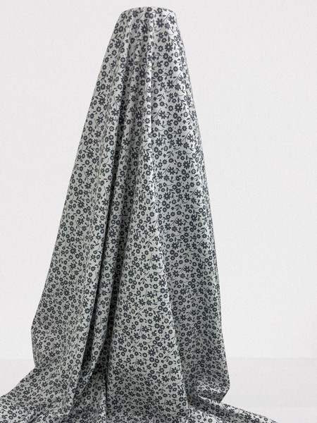 Grey Flowers on White Printed Cotton