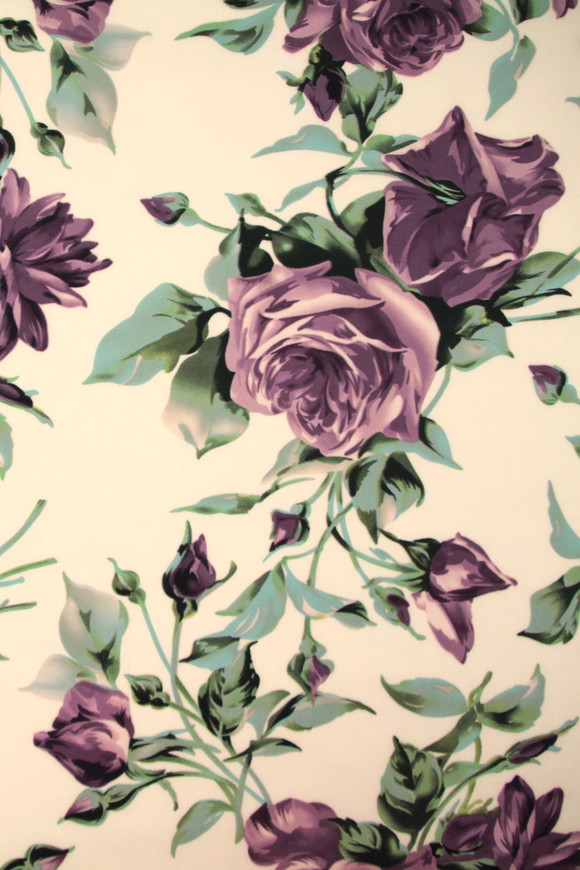 Dusky Purple Roses on Cream Printed Stretch Satin