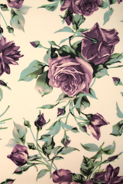 Dusky Purple Roses on Cream Printed Stretch Satin