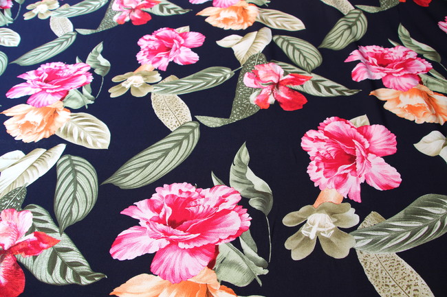 Floaty Flowers on Inky Navy Printed Rayon